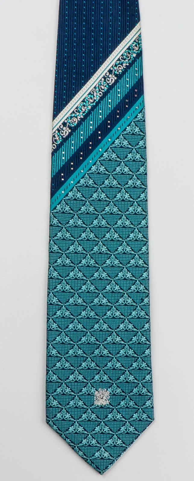 Andre Kim Men's Silk Rhinestone Tie Turquoise Anthemion On Navy Blue With Sparkles