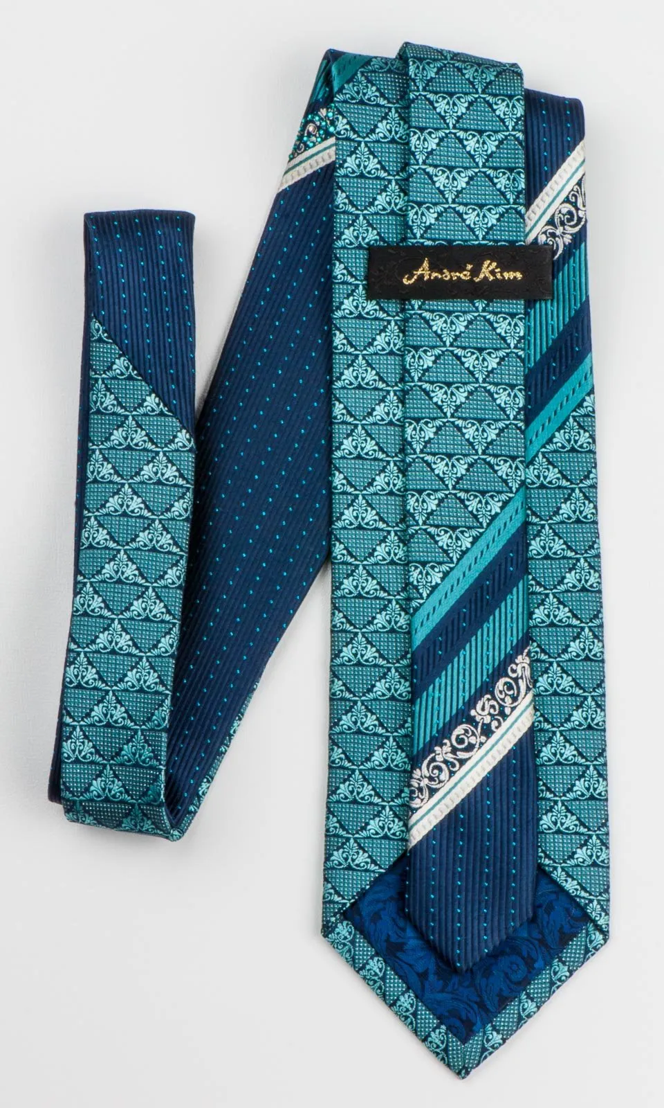 Andre Kim Men's Silk Rhinestone Tie Turquoise Anthemion On Navy Blue With Sparkles