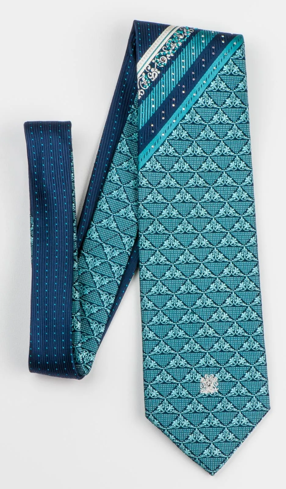 Andre Kim Men's Silk Rhinestone Tie Turquoise Anthemion On Navy Blue With Sparkles