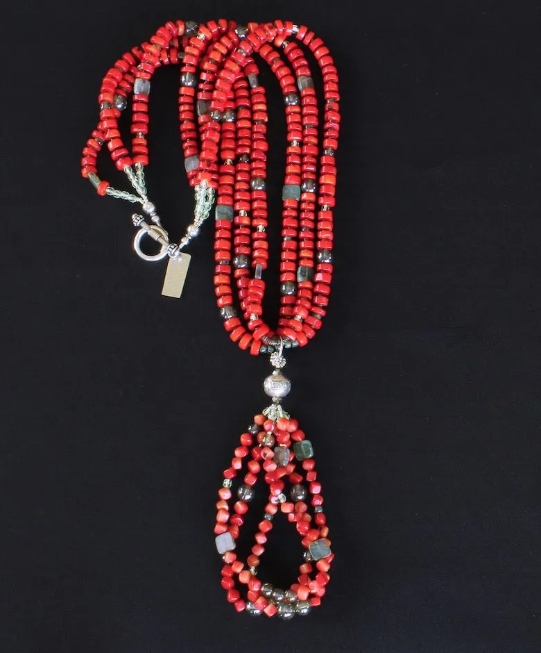 Bamboo Coral Heishi 3-Strand Necklace with 3-Loop Bamboo Coral Cube Jacla, Hill Tribe Silver, Czech & Fire Polished Glass, and a Sterling Silver Toggle Clasp