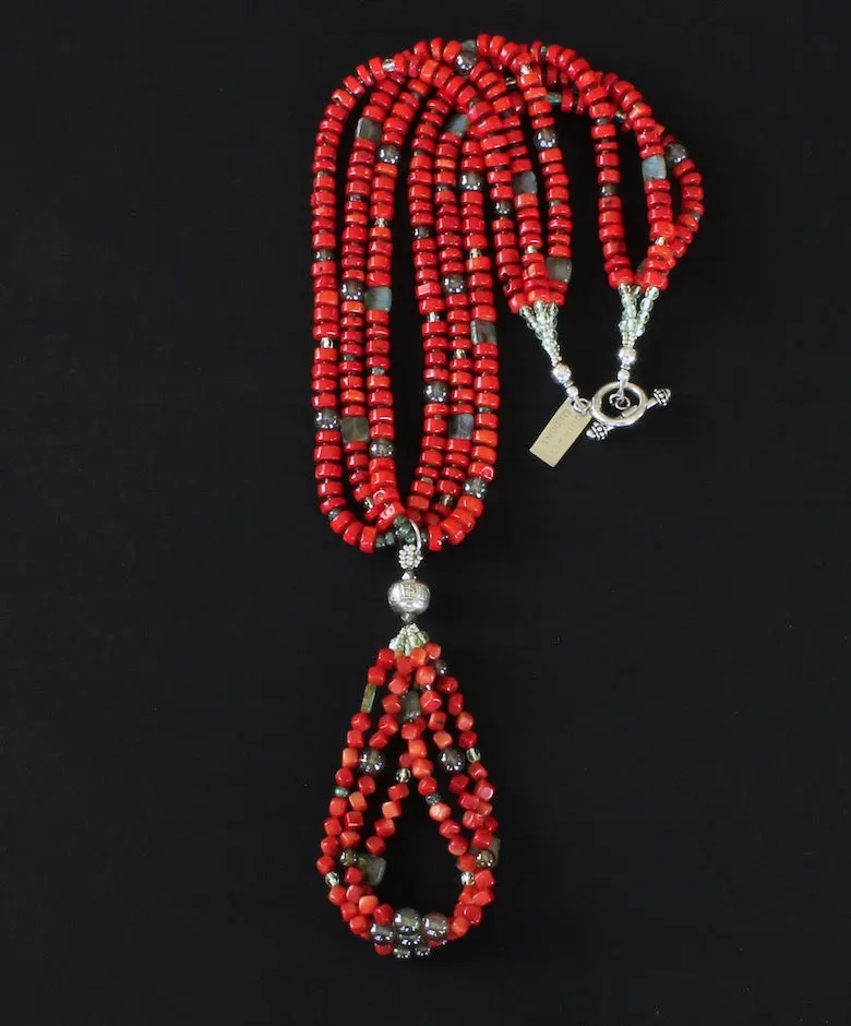 Bamboo Coral Heishi 3-Strand Necklace with 3-Loop Bamboo Coral Cube Jacla, Hill Tribe Silver, Czech & Fire Polished Glass, and a Sterling Silver Toggle Clasp