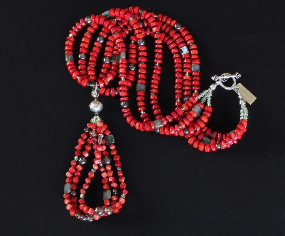 Bamboo Coral Heishi 3-Strand Necklace with 3-Loop Bamboo Coral Cube Jacla, Hill Tribe Silver, Czech & Fire Polished Glass, and a Sterling Silver Toggle Clasp