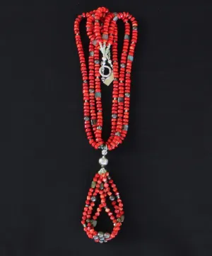 Bamboo Coral Heishi 3-Strand Necklace with 3-Loop Bamboo Coral Cube Jacla, Hill Tribe Silver, Czech & Fire Polished Glass, and a Sterling Silver Toggle Clasp