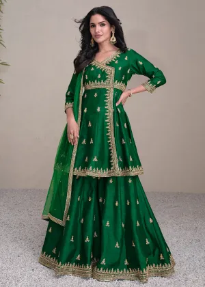 Charming Green Silk Embroidered Festive Palazzo Suit