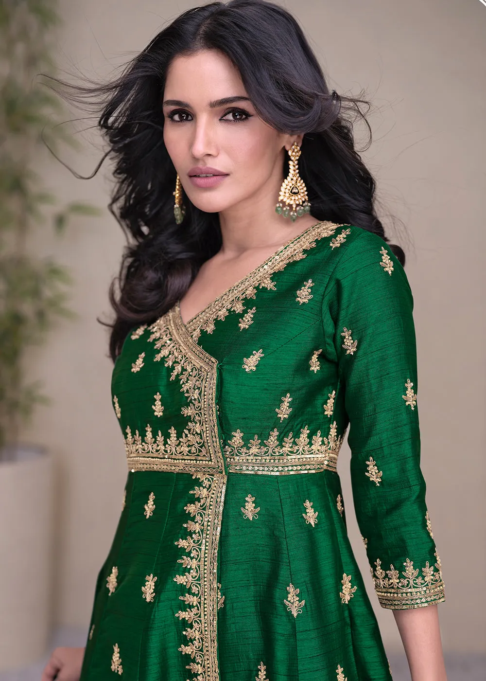 Charming Green Silk Embroidered Festive Palazzo Suit