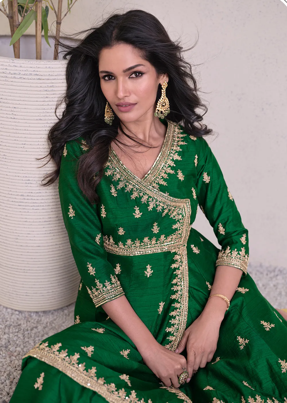 Charming Green Silk Embroidered Festive Palazzo Suit