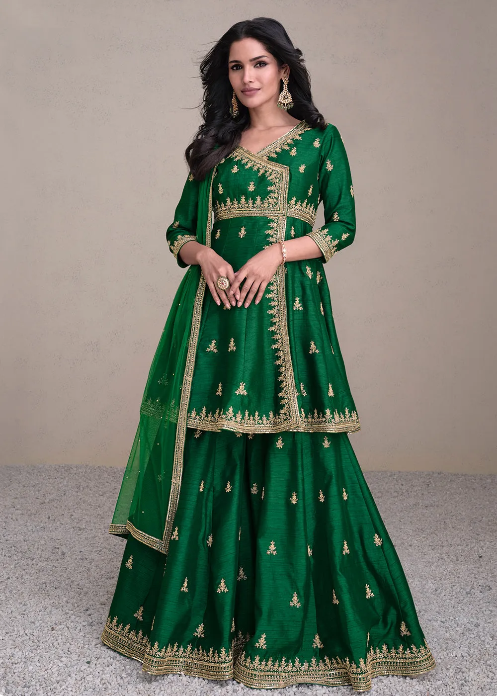 Charming Green Silk Embroidered Festive Palazzo Suit