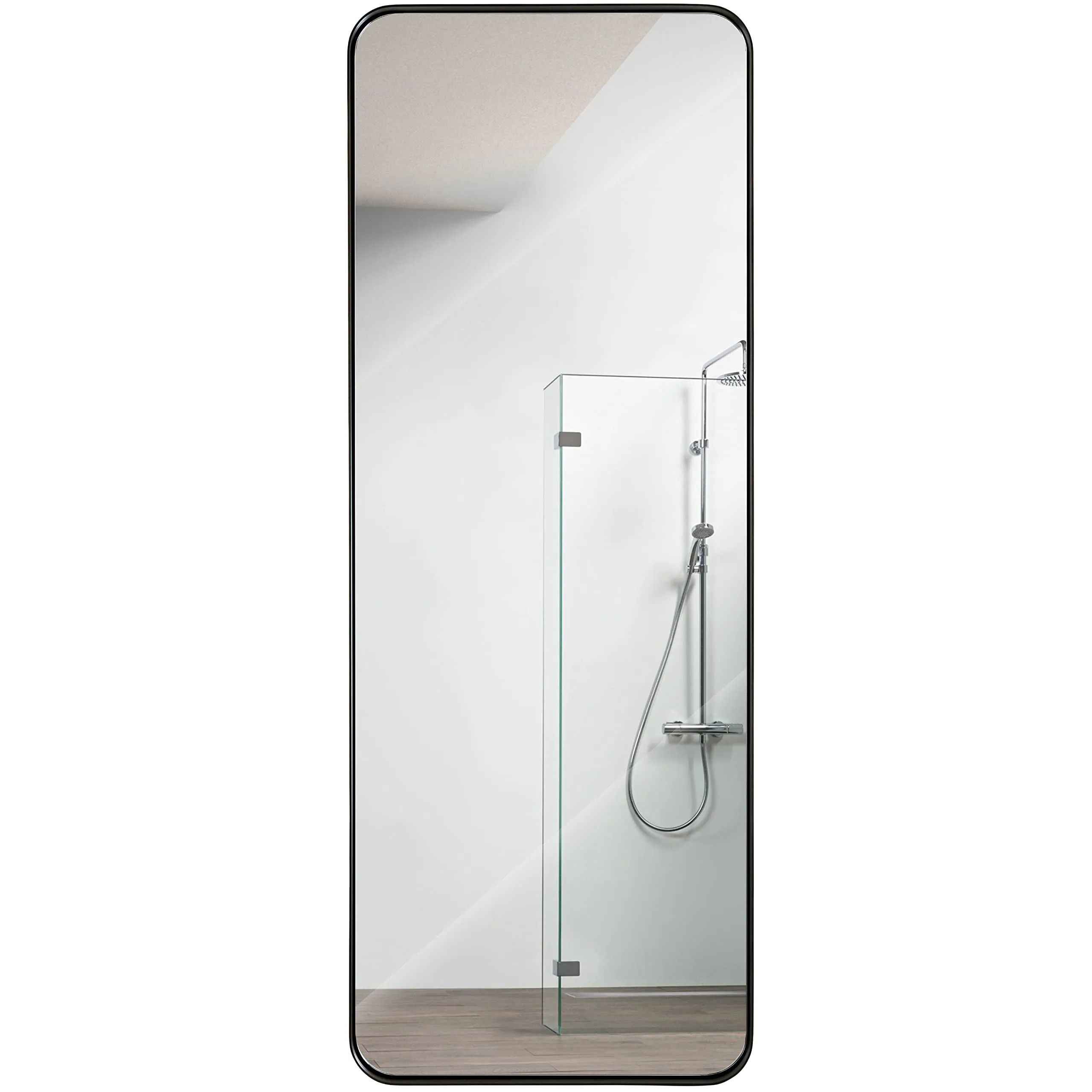 Contemporary Brushed Metal Wall Mirror | Glass Panel Framed Rounded Corner Deep Set