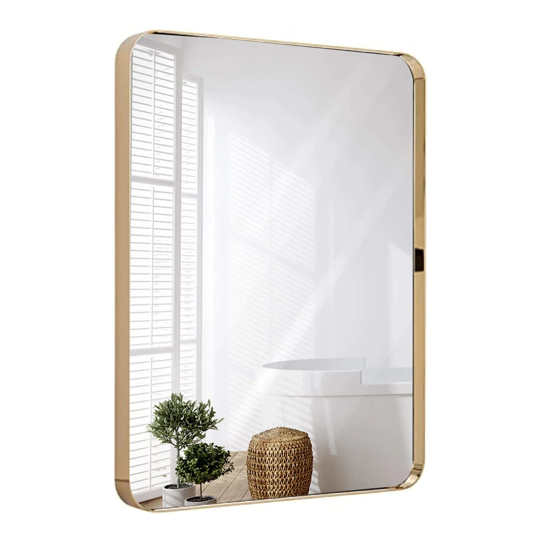 Contemporary Brushed Metal Wall Mirror | Glass Panel Framed Rounded Corner Deep Set