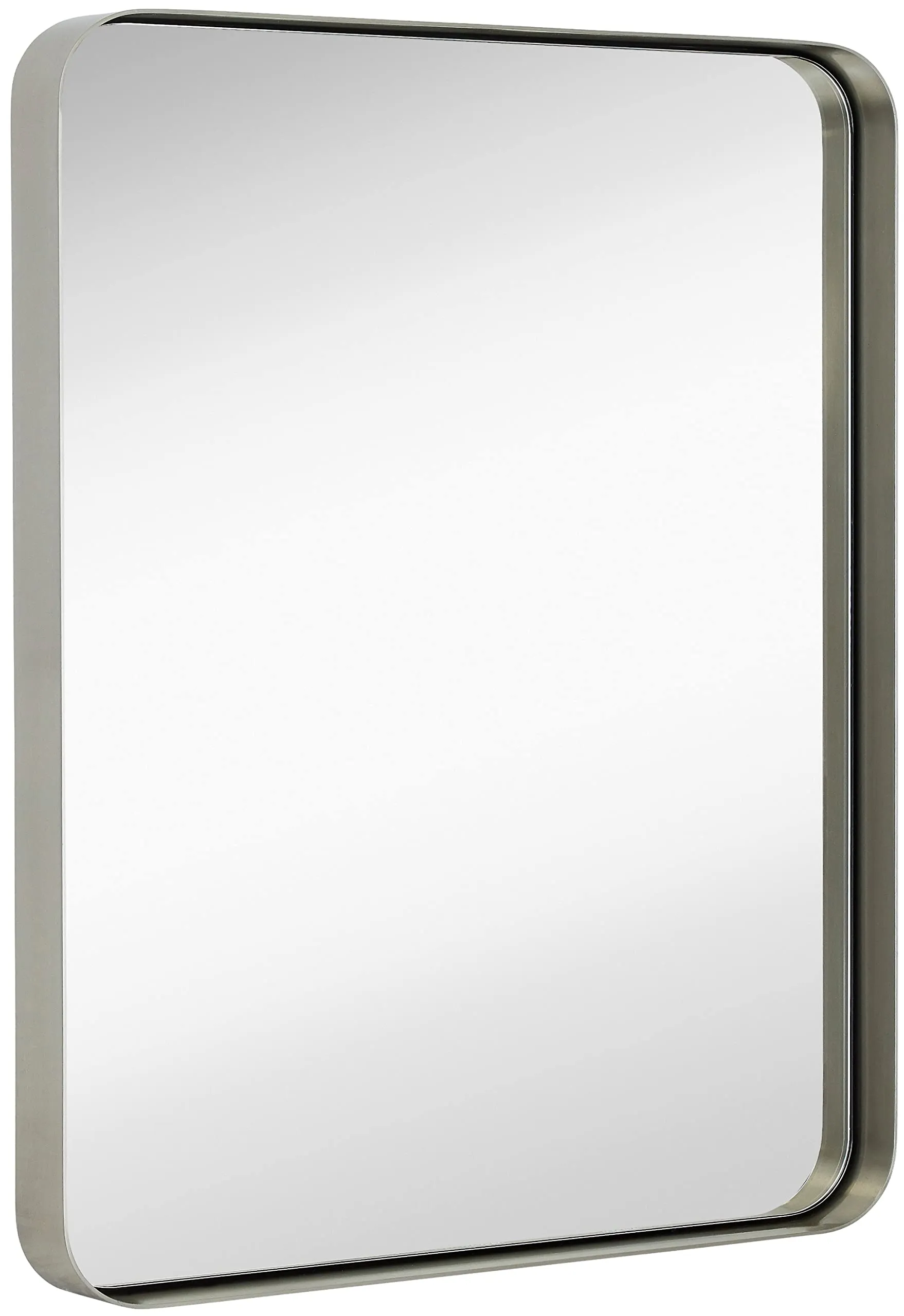 Contemporary Brushed Metal Wall Mirror | Glass Panel Framed Rounded Corner Deep Set