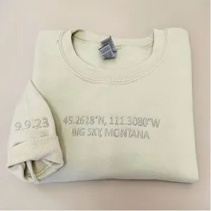 Custom Longitude and Latitude Location Sweatshirt or Hoodie with Embroidery