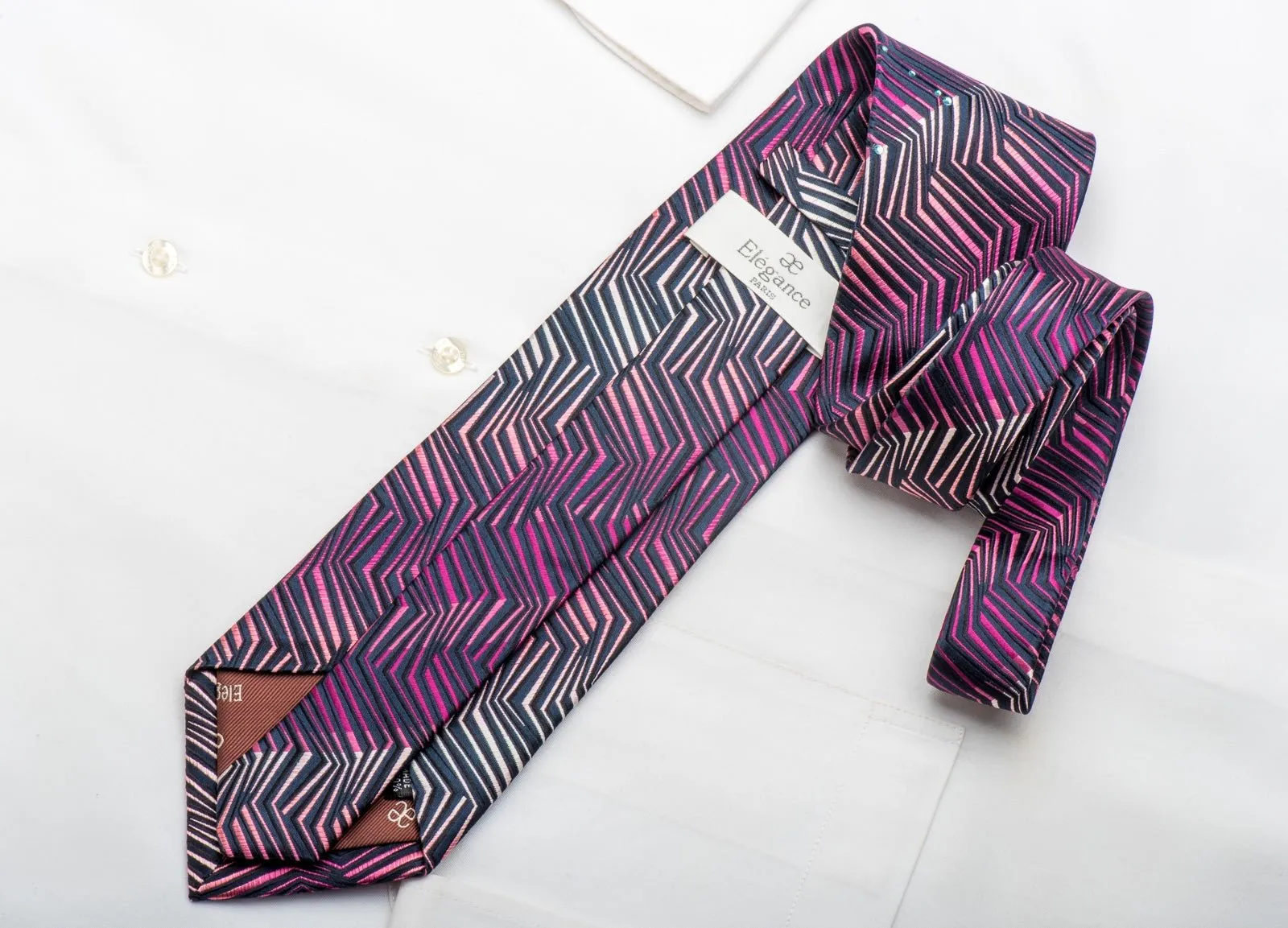 Elegance Men's Silk Necktie Purple ZigZag Striped Sparkling With Crystal Rhinestones