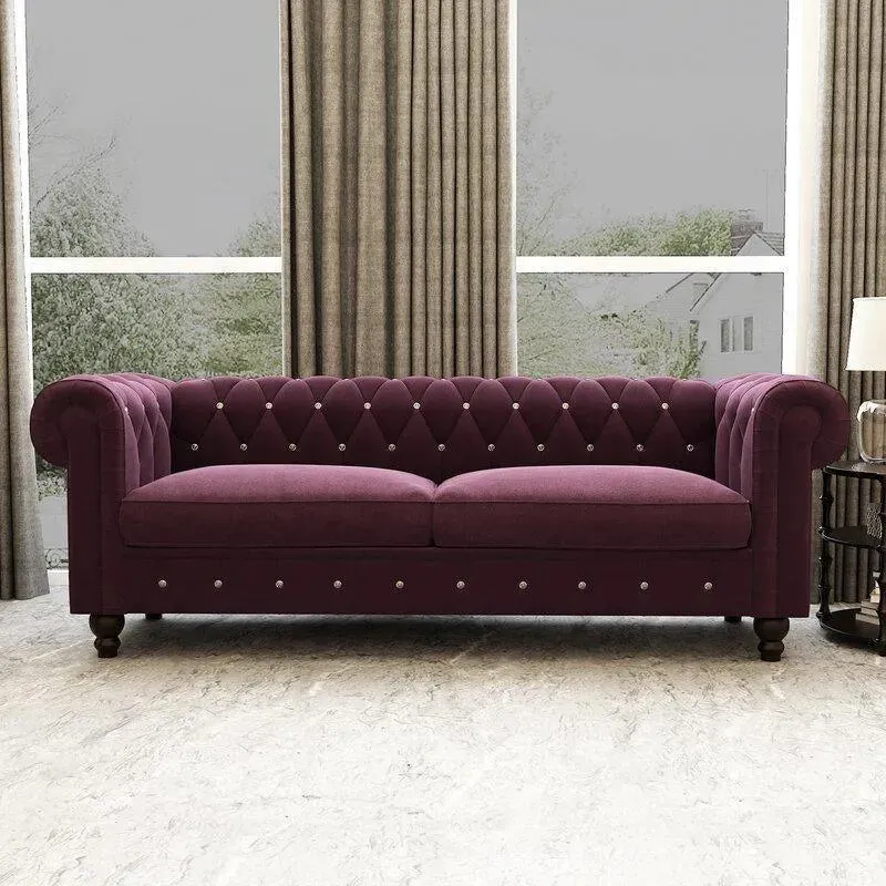 Graceful 3 Seater Velvet Rolled Arm Chesterfield Sofa