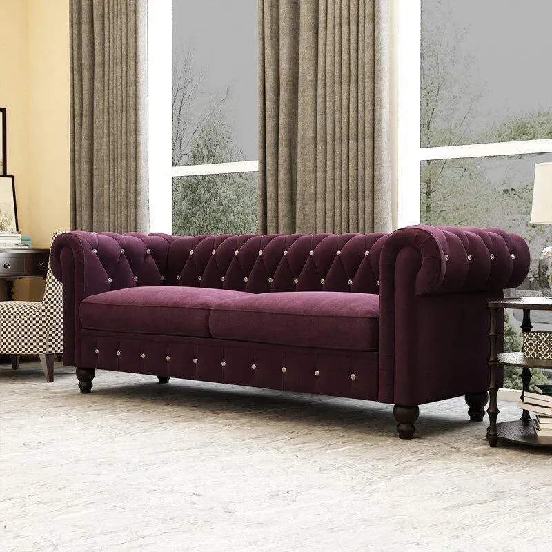 Graceful 3 Seater Velvet Rolled Arm Chesterfield Sofa