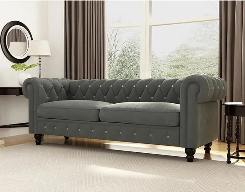 Graceful 3 Seater Velvet Rolled Arm Chesterfield Sofa