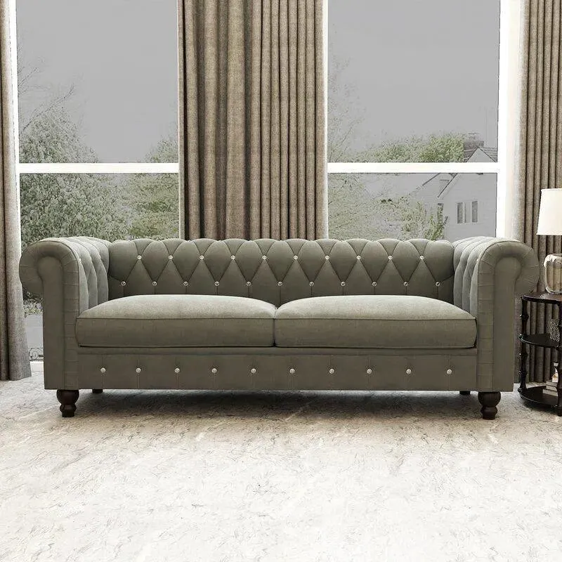 Graceful 3 Seater Velvet Rolled Arm Chesterfield Sofa