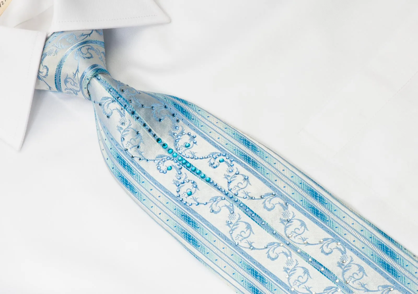 Grang Cia Men's Rhinestone Silk Necktie Blue Stripes & Scrolls With Blue Sparkles