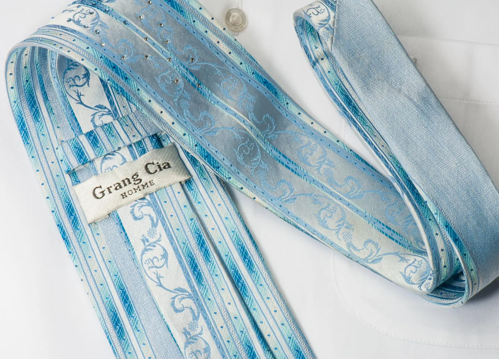 Grang Cia Men's Rhinestone Silk Necktie Blue Stripes & Scrolls With Blue Sparkles