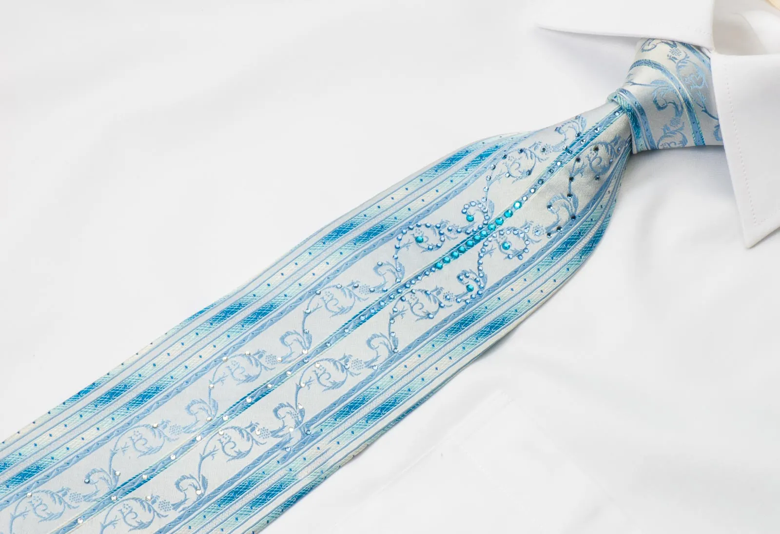 Grang Cia Men's Rhinestone Silk Necktie Blue Stripes & Scrolls With Blue Sparkles