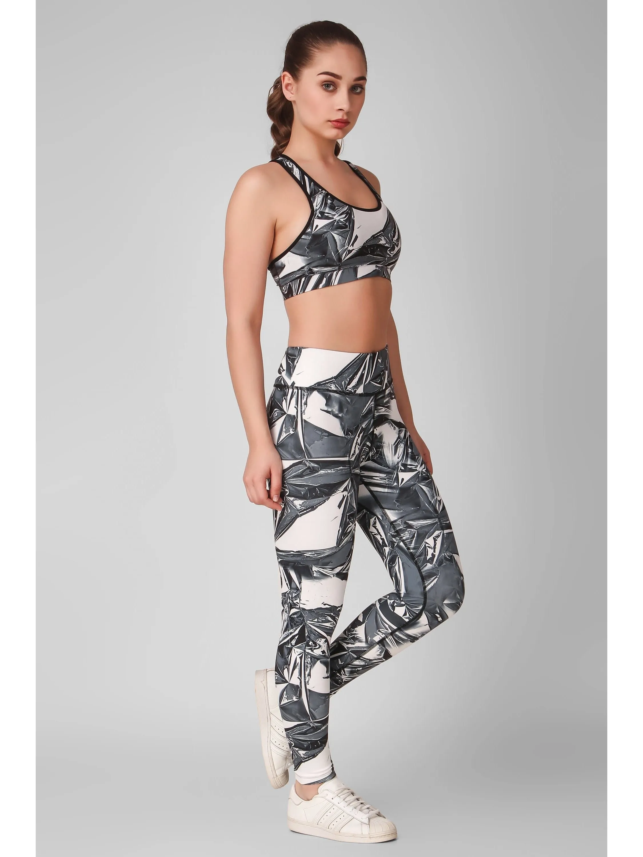 Grey Abstract Printed Sports Bra