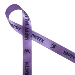 Happy Halloween Ribbon and a witch on a broom in black ink on 7/8" Lt. Purple Single Face Satin ribbon