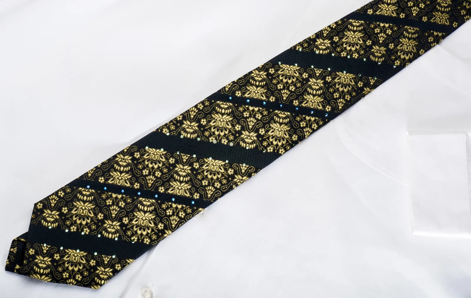 Lancetti Men's Silk Necktie Golden Anthemion On Navy Sparkling With Rhinestones