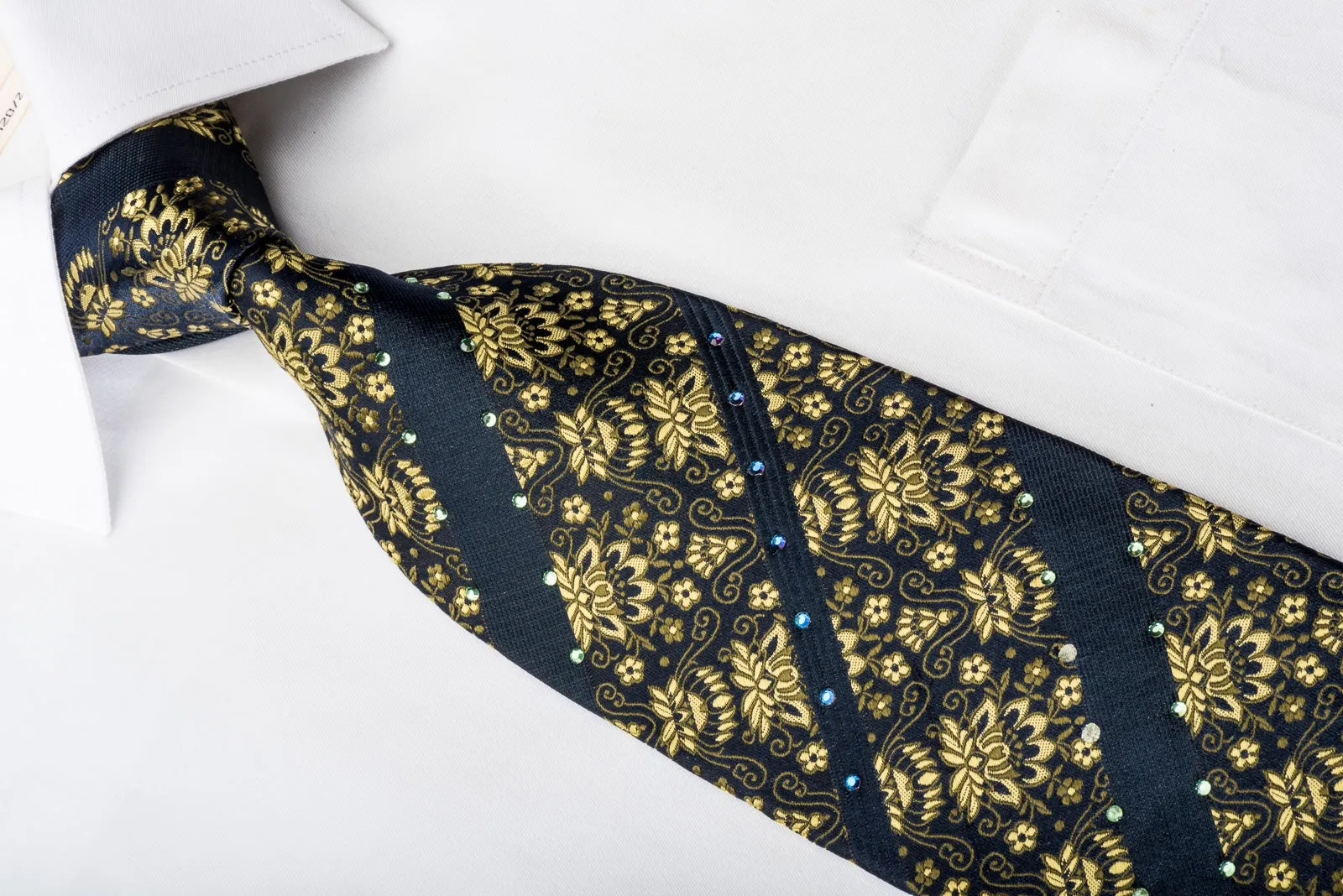 Lancetti Men's Silk Necktie Golden Anthemion On Navy Sparkling With Rhinestones