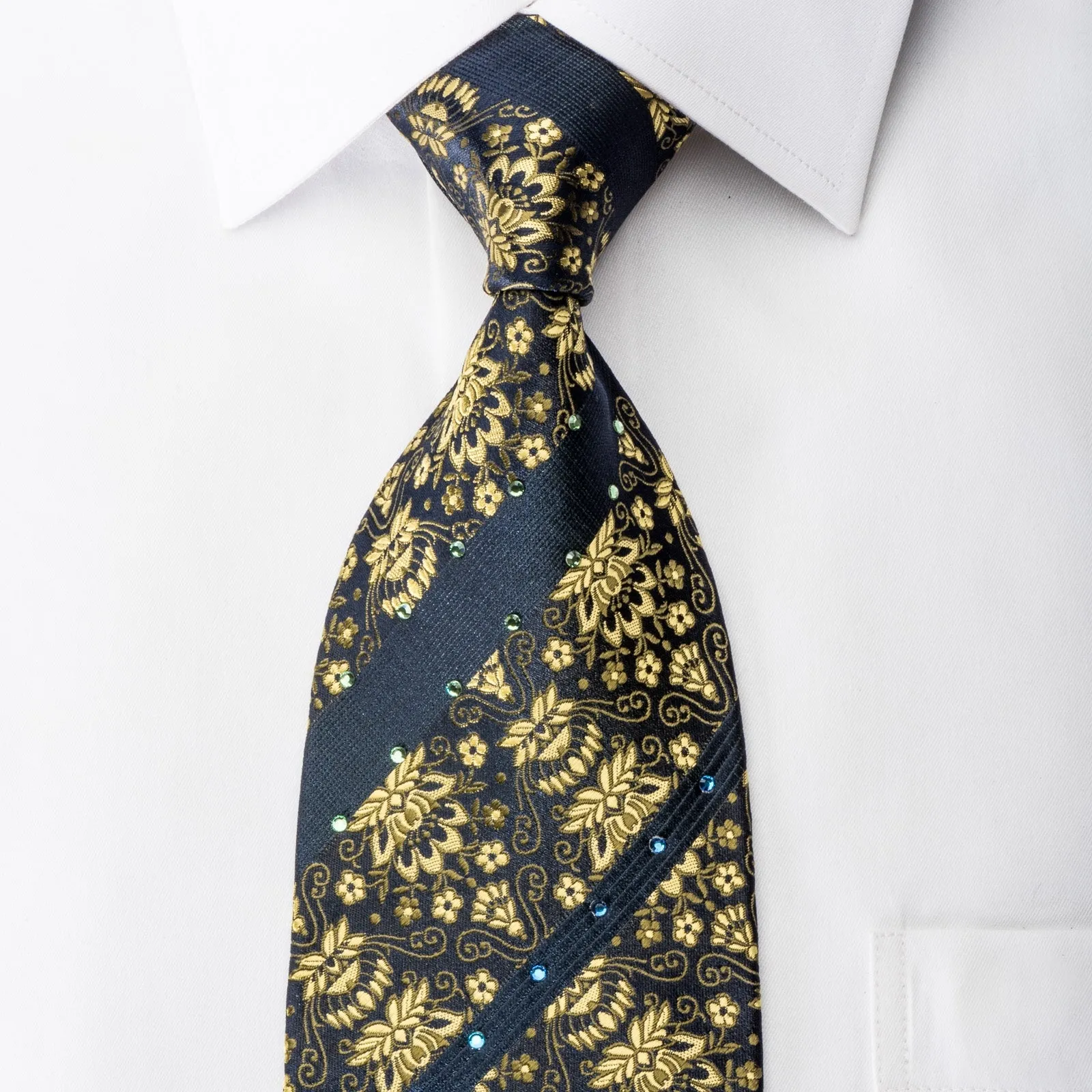 Lancetti Men's Silk Necktie Golden Anthemion On Navy Sparkling With Rhinestones