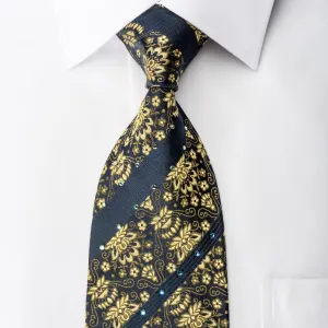 Lancetti Men's Silk Necktie Golden Anthemion On Navy Sparkling With Rhinestones