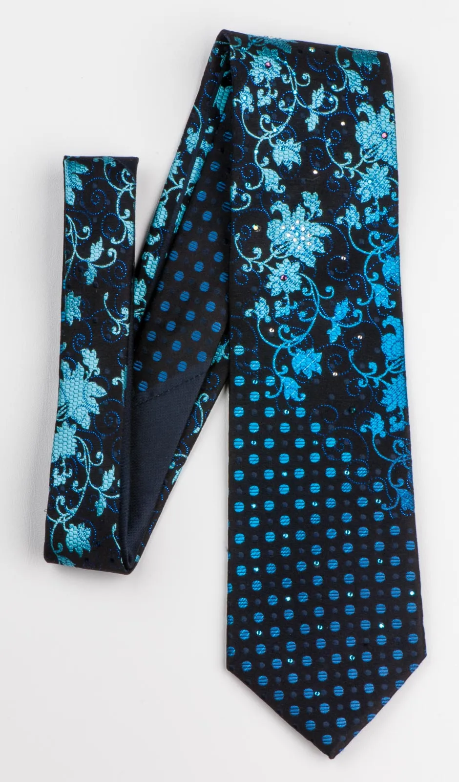 Men's Silk Necktie By Smalto Floral & Spots Design On Blue With Rhinestones