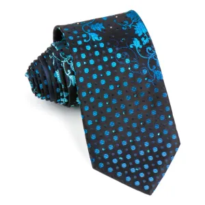 Men's Silk Necktie By Smalto Floral & Spots Design On Blue With Rhinestones