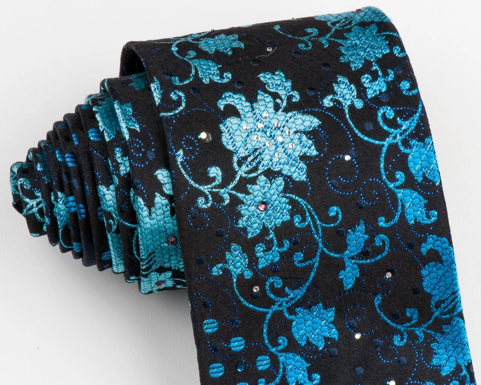 Men's Silk Necktie By Smalto Floral & Spots Design On Blue With Rhinestones