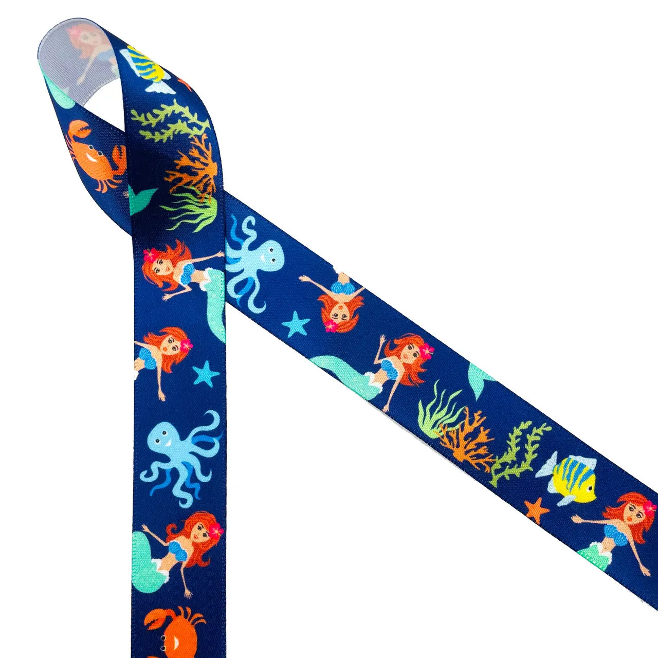 Mermaid ribbon Mermaids with flowing red with sea creatures on a blue background printed on 7/8" white satin