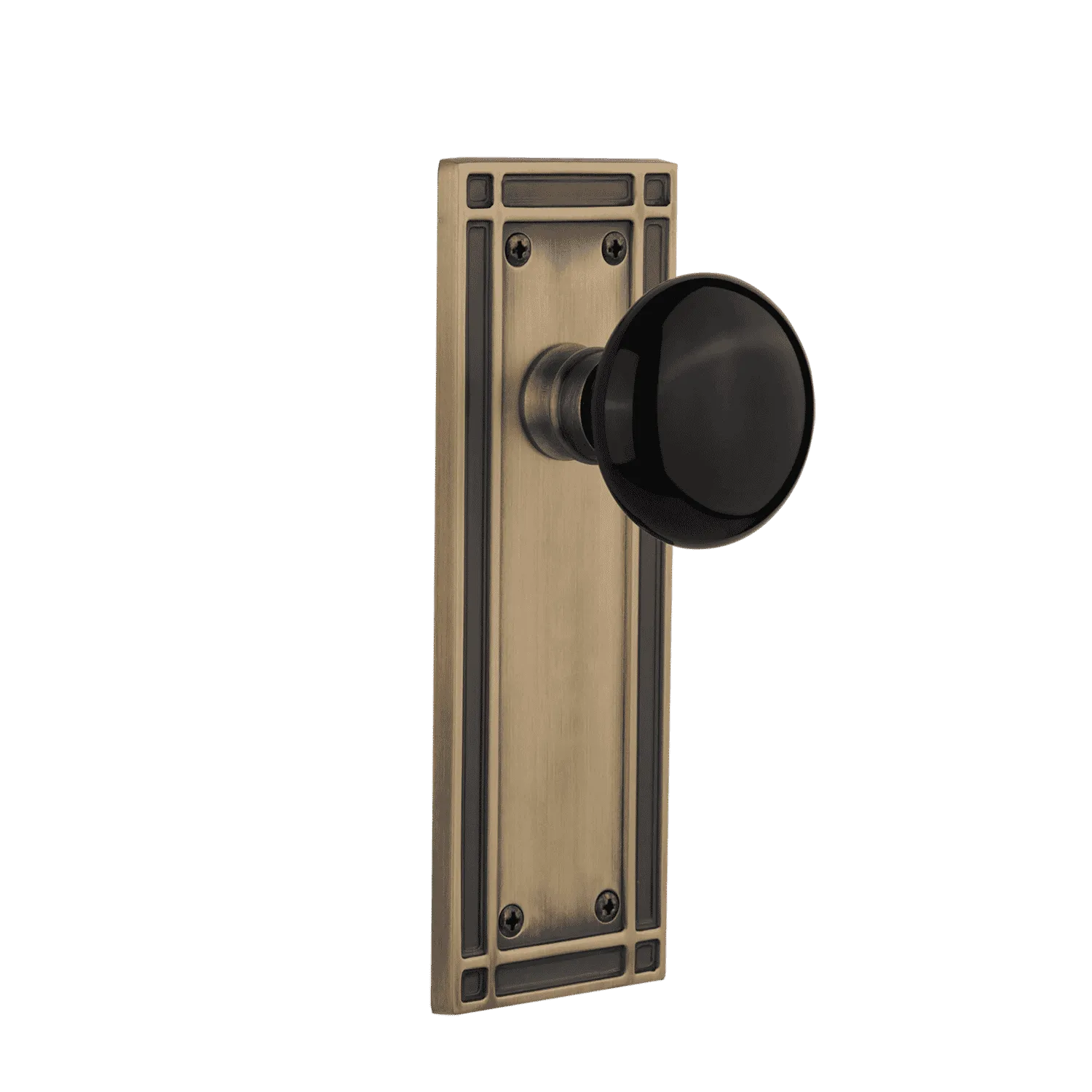 Mission Long Plate with Black Porcelain Knob in Antique Brass