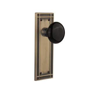 Mission Long Plate with Black Porcelain Knob in Antique Brass