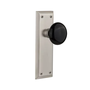 New York Long Plate with Black Porcelain Knob in Satin Nickel