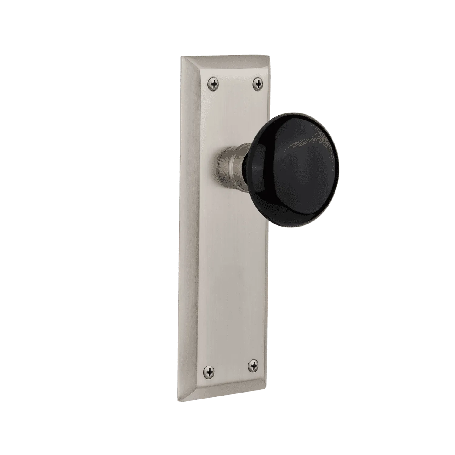 New York Long Plate with Black Porcelain Knob in Satin Nickel