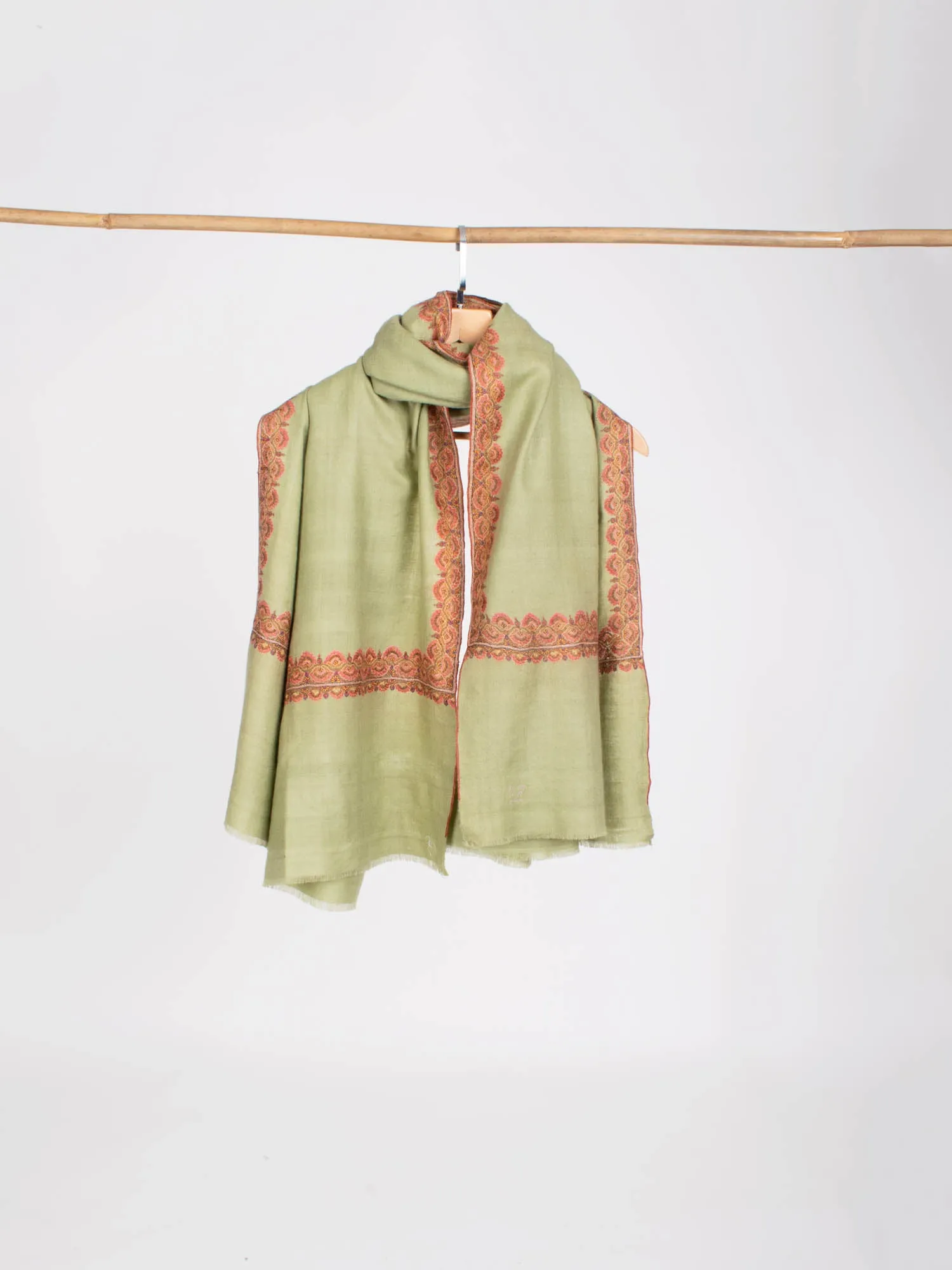 Olive Green Silken Embroidered Beautiful Cashmere Wrap - HELBYVILLE