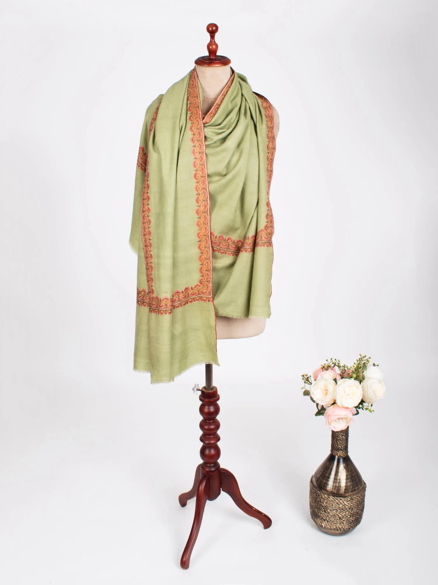 Olive Green Silken Embroidered Beautiful Cashmere Wrap - HELBYVILLE