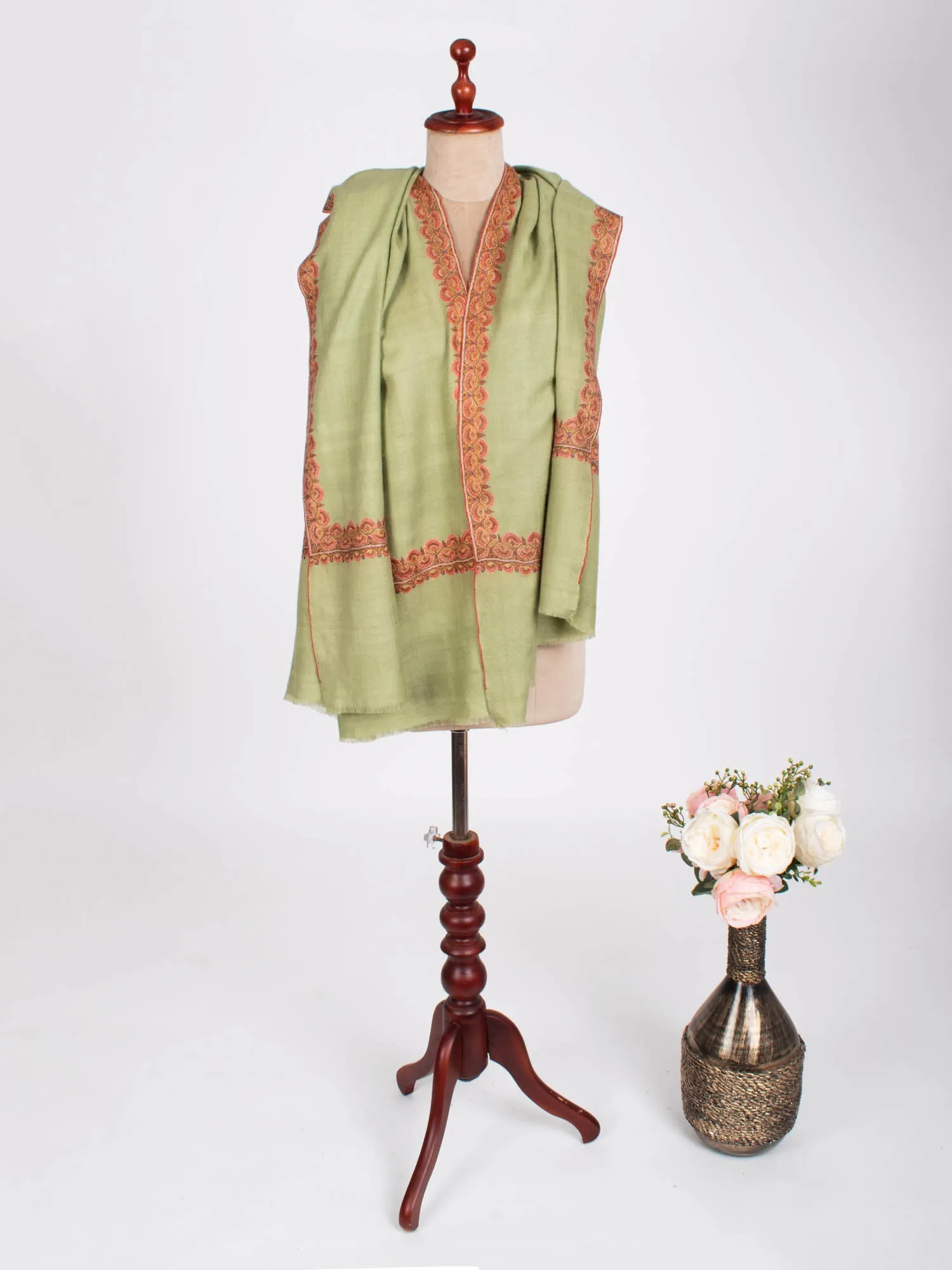 Olive Green Silken Embroidered Beautiful Cashmere Wrap - HELBYVILLE