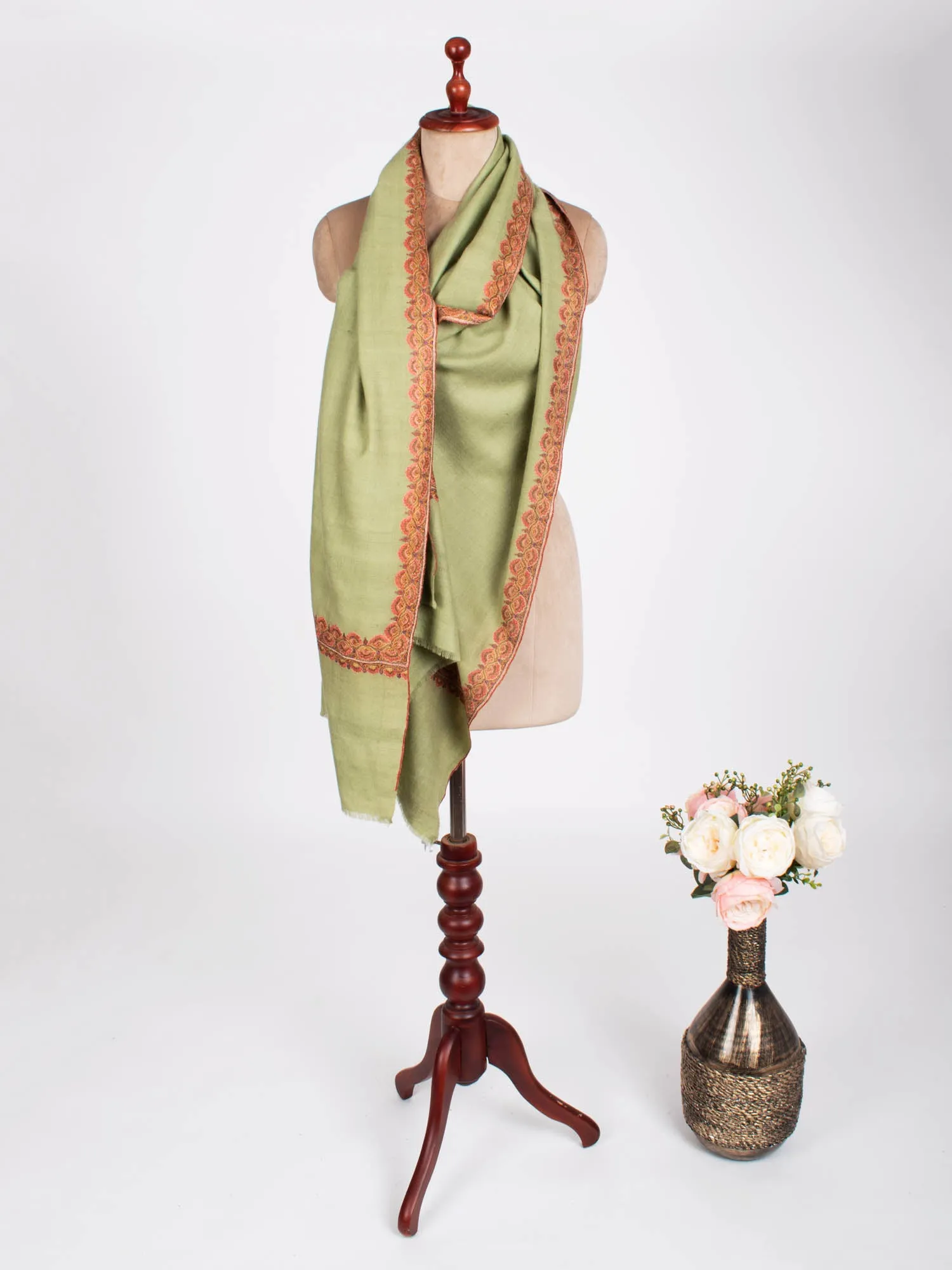 Olive Green Silken Embroidered Beautiful Cashmere Wrap - HELBYVILLE