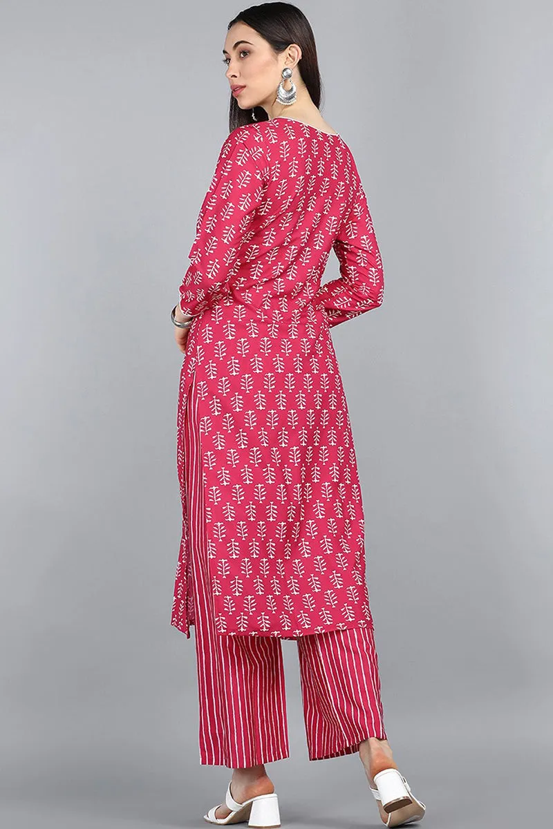 Pink Polyester Striped Printed Straight Kurta Set