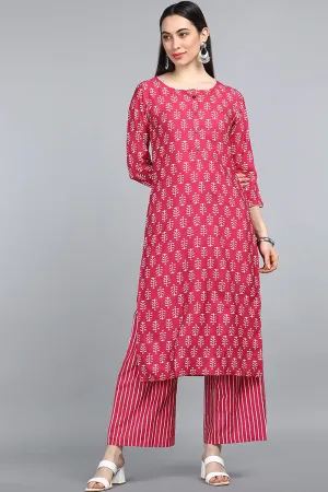 Pink Polyester Striped Printed Straight Kurta Set