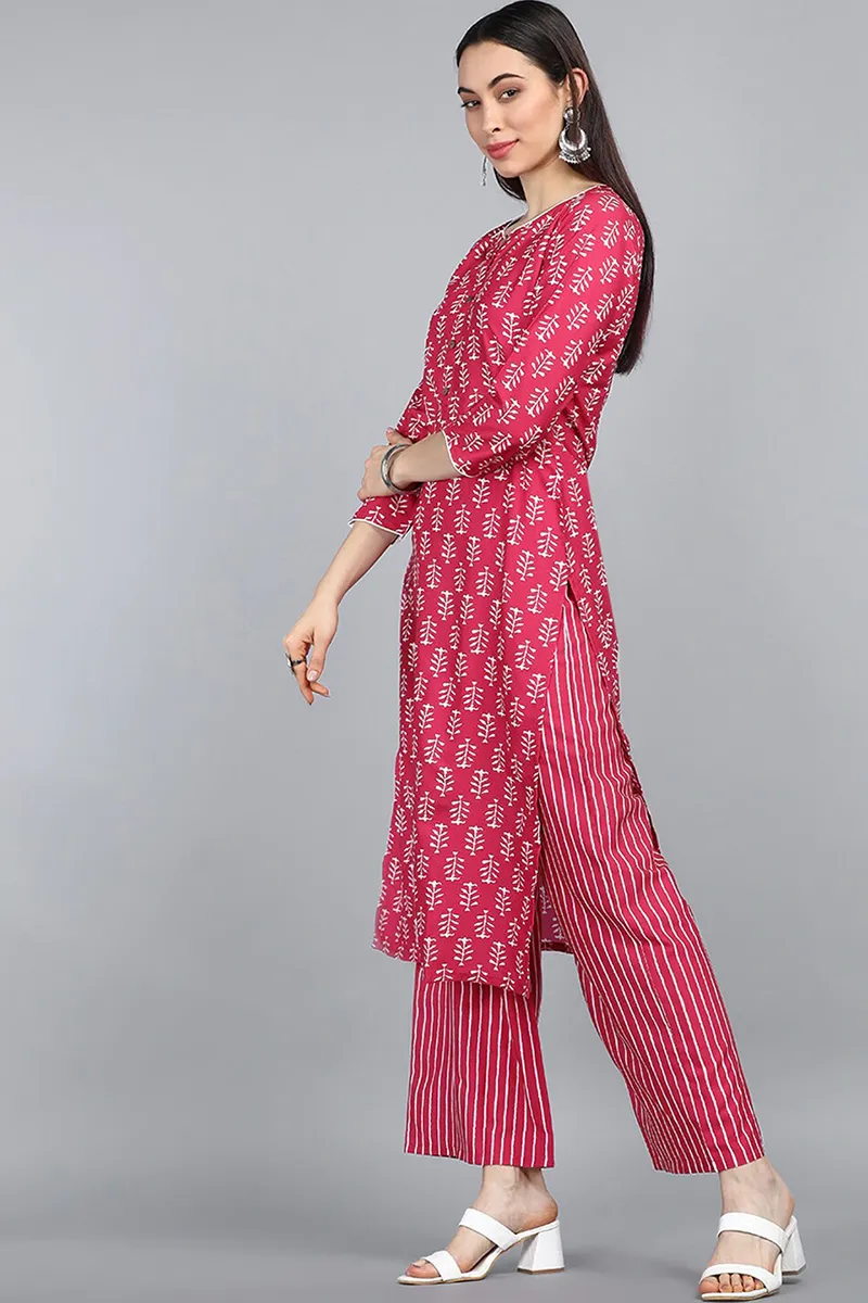 Pink Polyester Striped Printed Straight Kurta Set