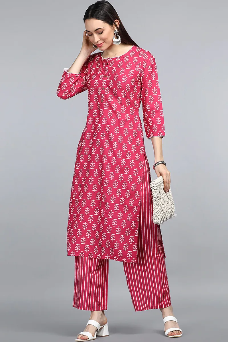 Pink Polyester Striped Printed Straight Kurta Set