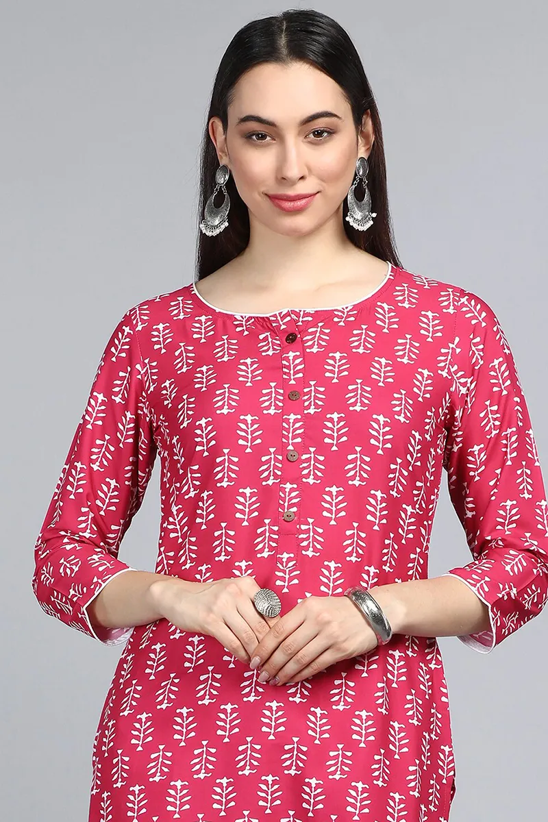 Pink Polyester Striped Printed Straight Kurta Set