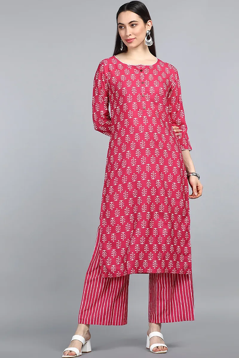 Pink Polyester Striped Printed Straight Kurta Set