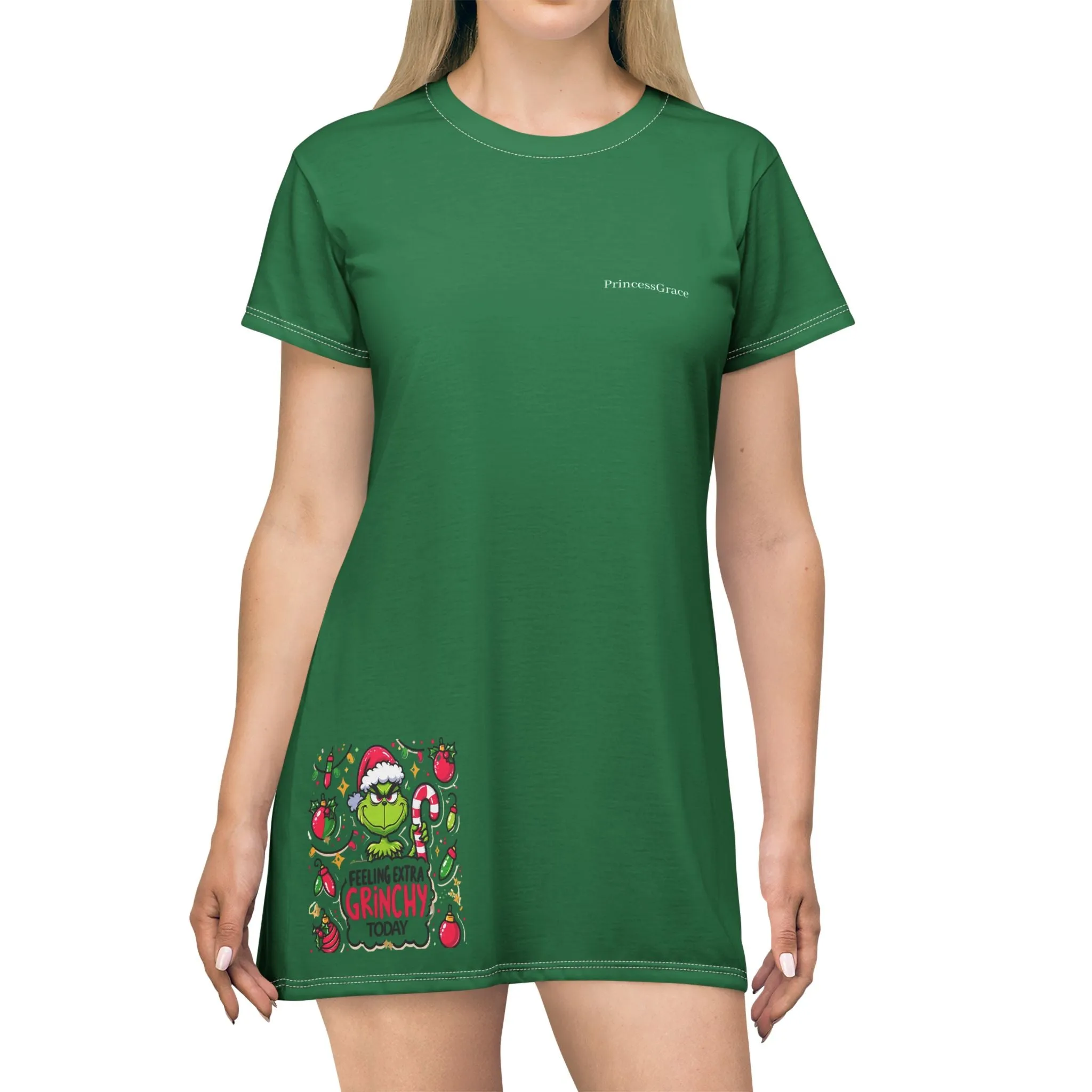 Princess Grace  Festive Grinch T-Shirt Dress  Perfect for Holiday Cheer and Everyday Comfort