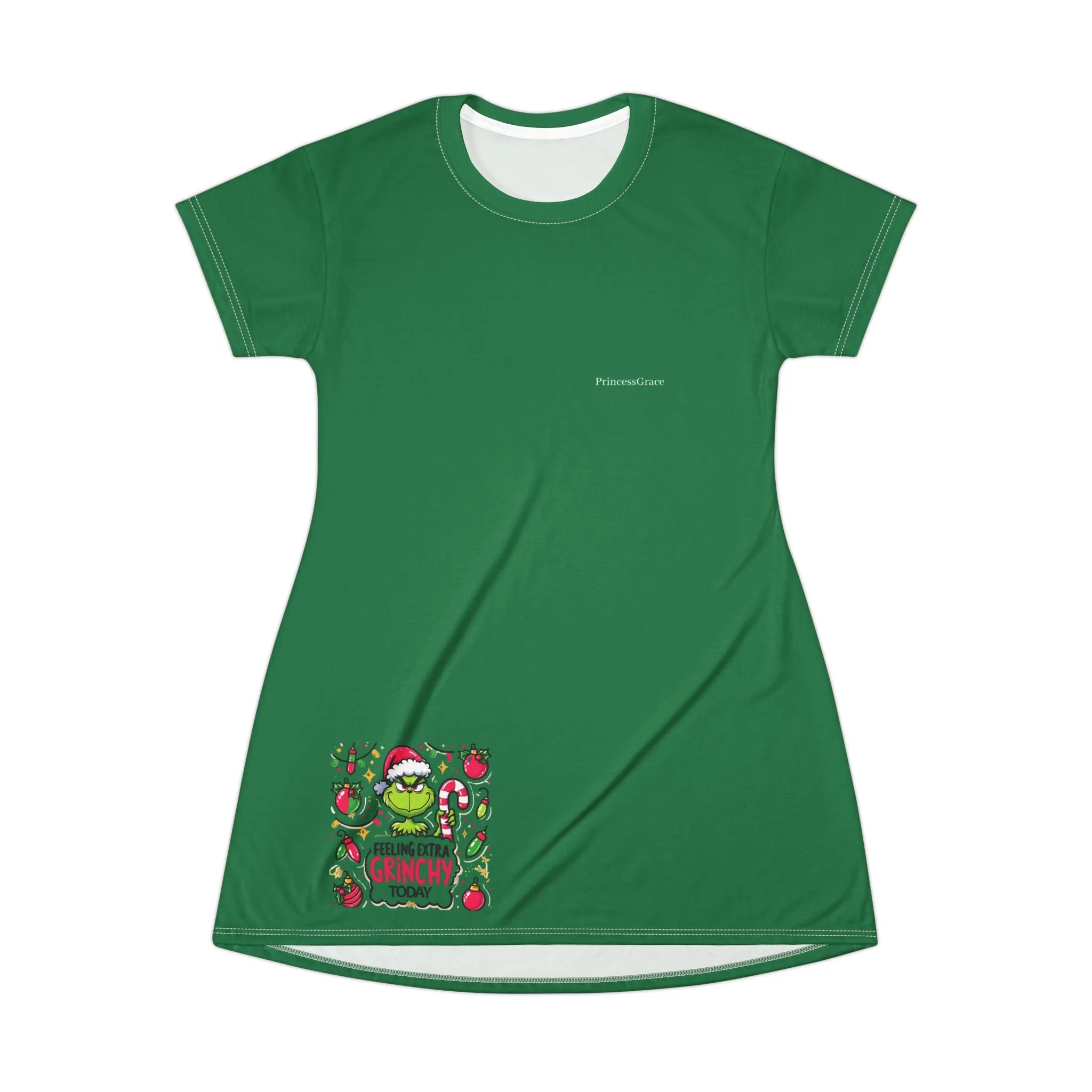 Princess Grace  Festive Grinch T-Shirt Dress  Perfect for Holiday Cheer and Everyday Comfort