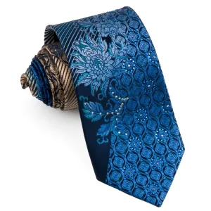 Renoma Men's Silk Rhinestone Tie Blue & Gold Floral Design On Navy